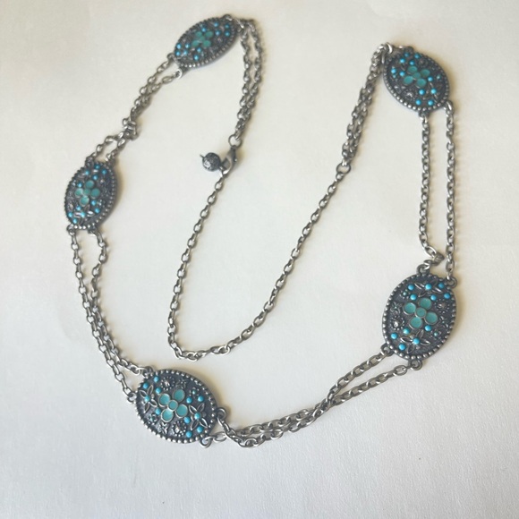 Silver Necklace Chain and Turquoise Bead Long - Picture 1 of 5